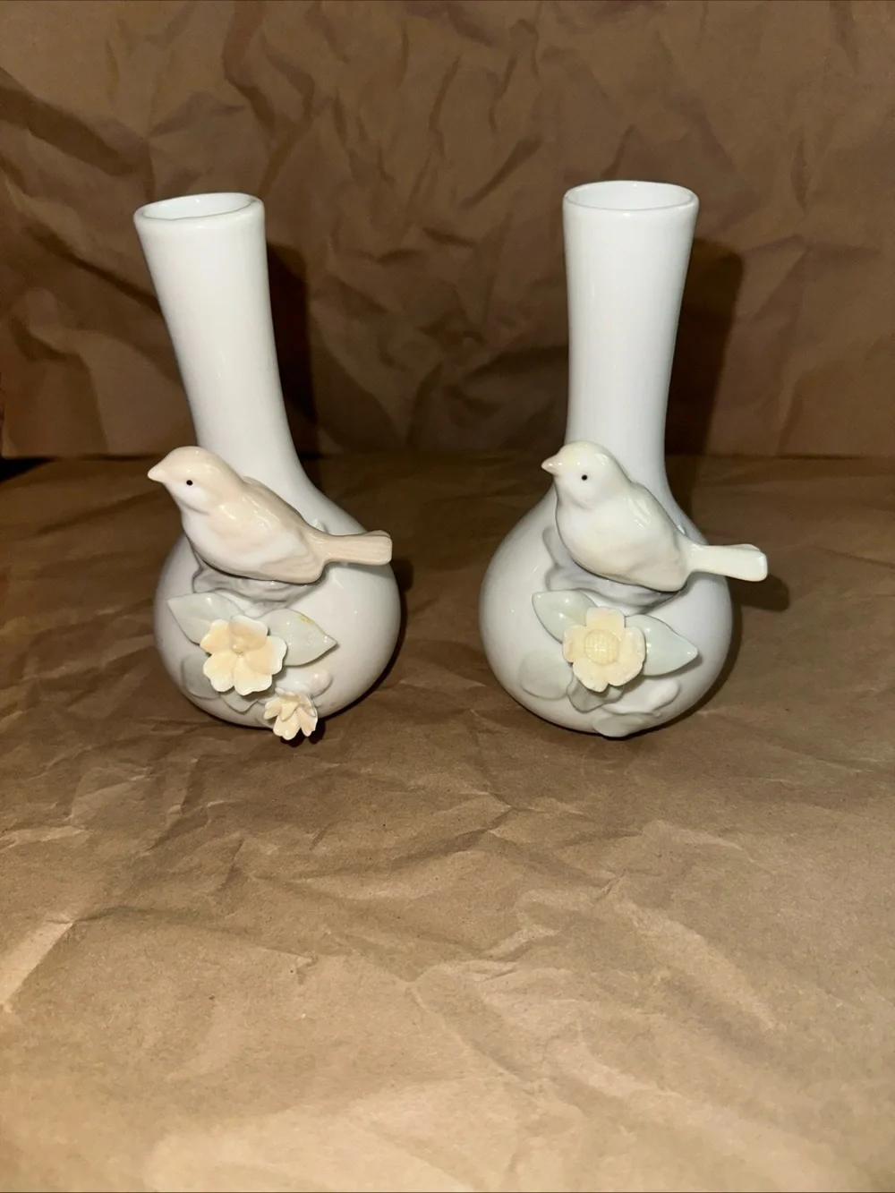 1985 Porcelain Bird Bud Vases in White - Set of 2 made in Taiwan